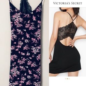 NWT Victoria's Secret Black Floral Lace-Back Slip Dress